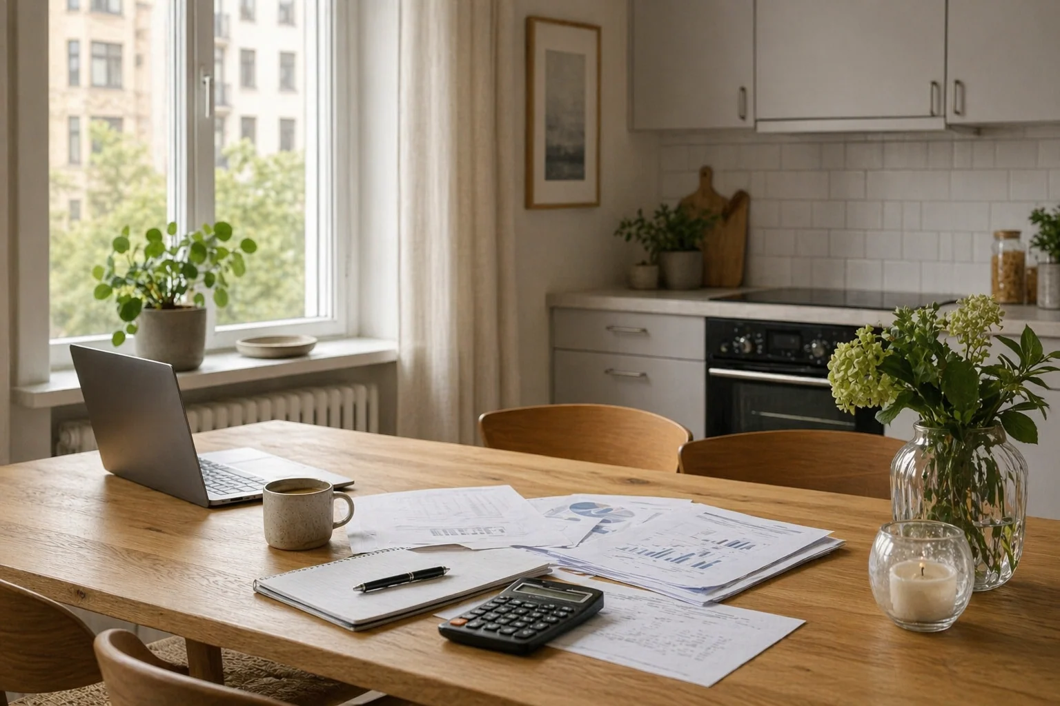 Bolånehandlingar, laptop och kalkylator vid köksbord
