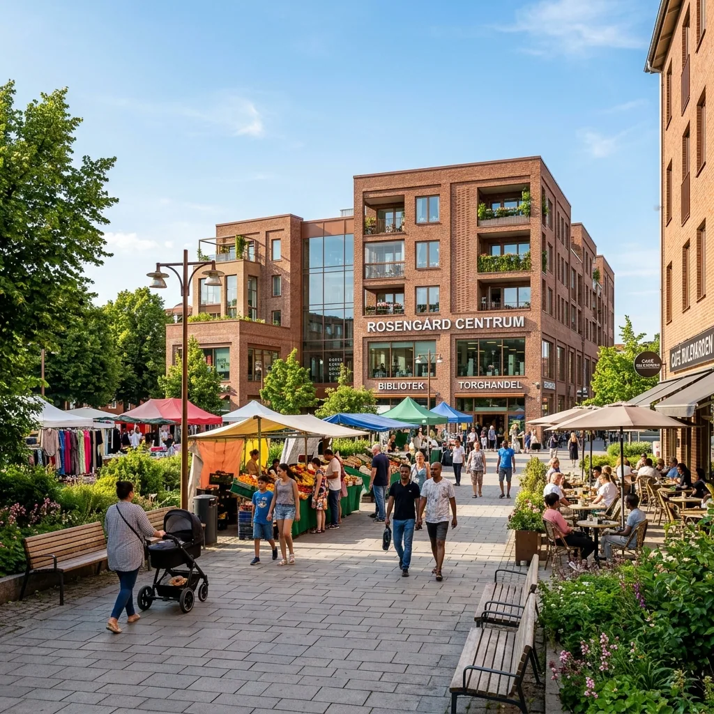 Torg med folk och tegelhus i Rosengård centrum, Malmö